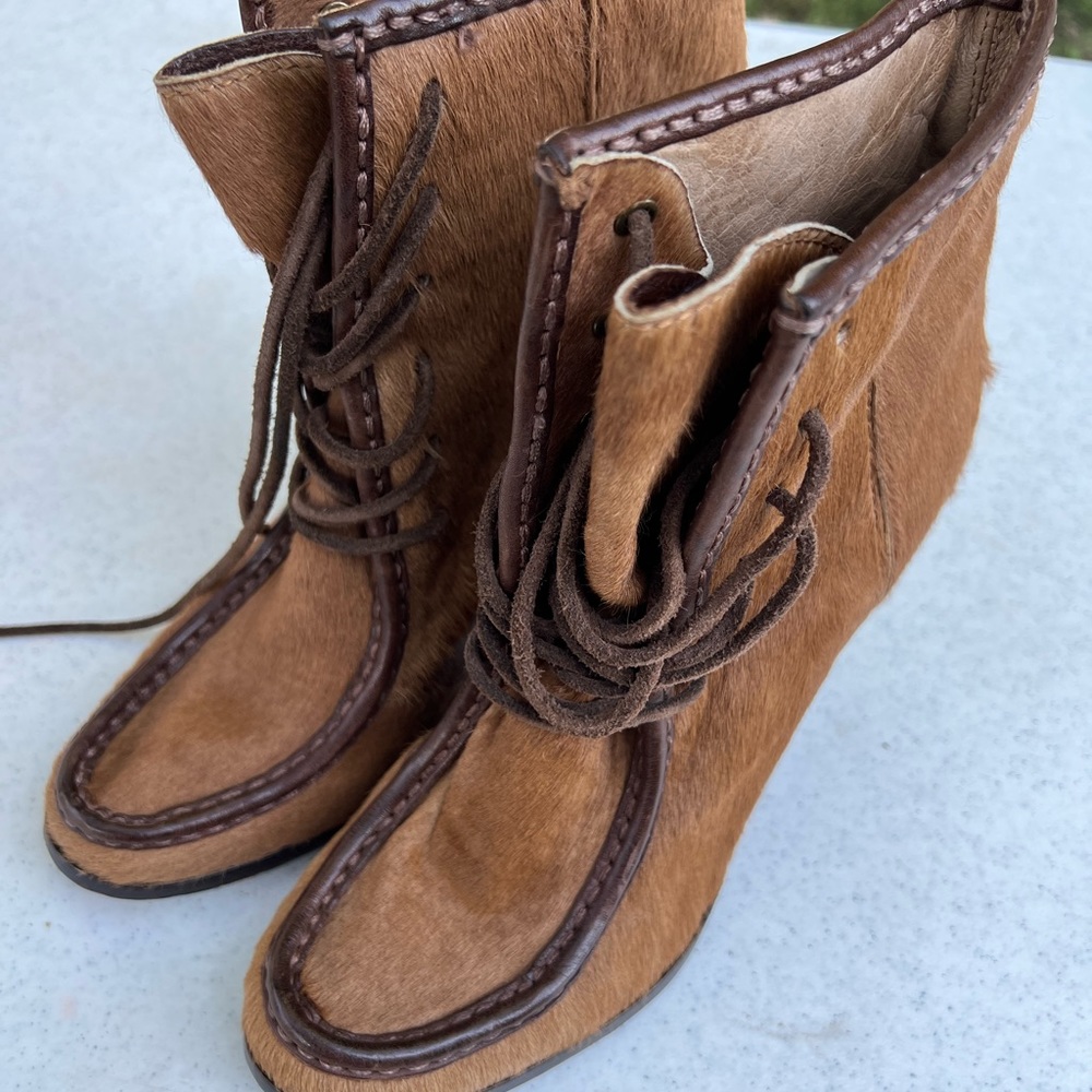 Camel colored Frye Loafer boots w/block heel. and brown leather trim.